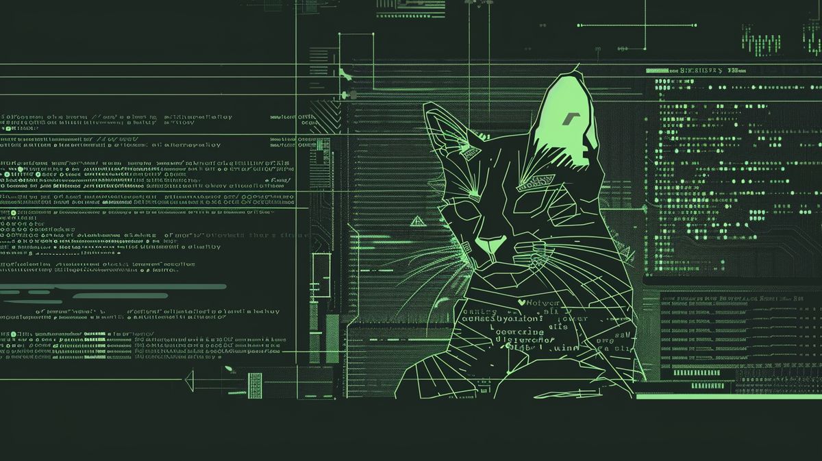 Tela de computador exibindo terminal Linux com linhas de código e representação estilizada de um gato simbolizando o comando cat Linux