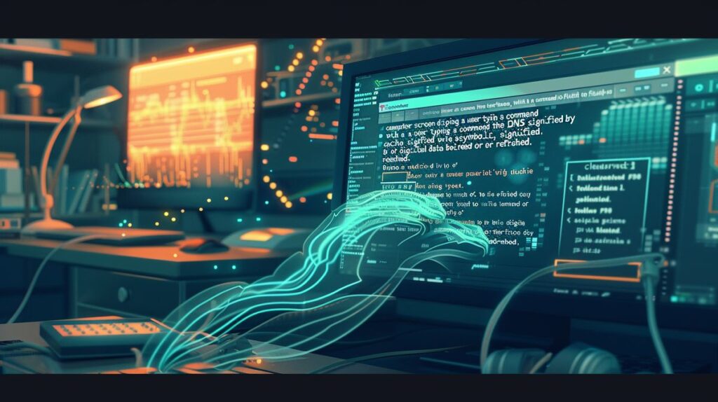 Tela de computador exibindo interface de linha de comando com usuário digitando comando para limpar o cache DNS, simbolizado por onda estilizada de dados digitais sendo atualizados.