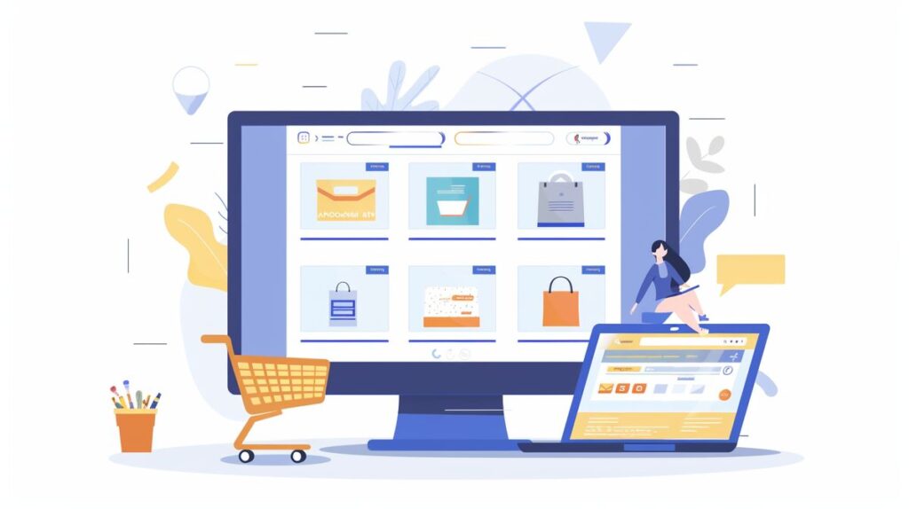 Tela de computador exibindo um site de vendas com imagens de produtos e ícone de carrinho de compras, pessoa ao fundo trabalhando no design do site em um laptop.