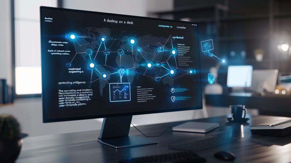 Computador de mesa com tela iluminada exibindo rede complexa de nós interconectados, simbolizando inteligência artificial, em ambiente minimalista e moderno, sugerindo plataforma acessível e amigável, sem elementos monetários.