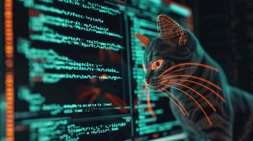 Tela de computador exibindo terminal Linux com linhas de código e representação estilizada de um gato simbolizando o comando cat Linux.