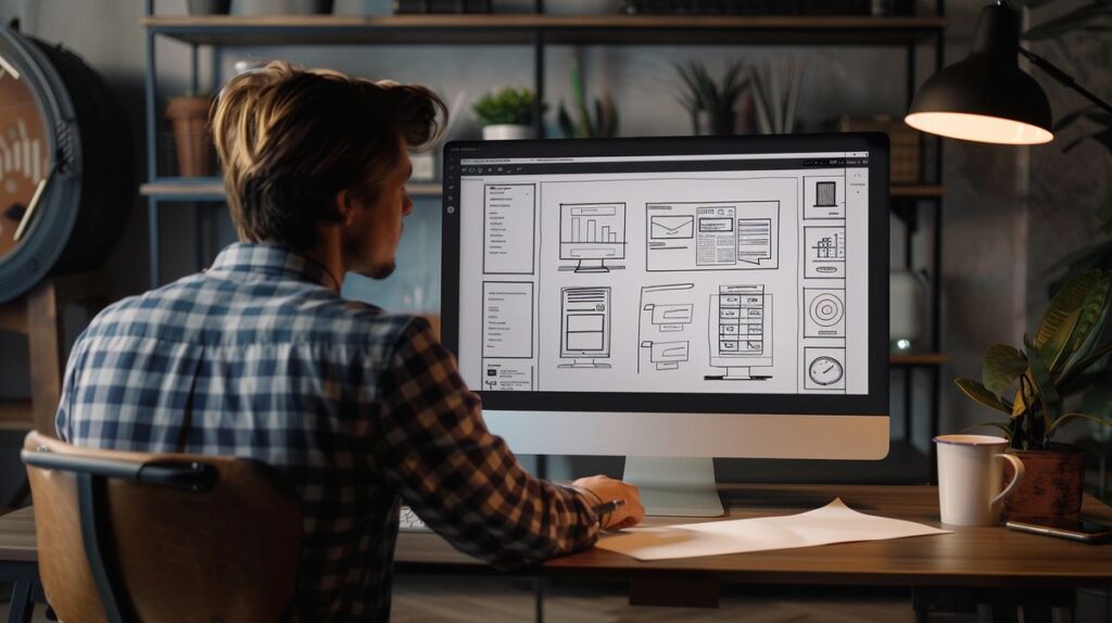 Designer digital trabalhando em wireframe de site e esboçando elementos de interface, exemplificando o que é UX design.