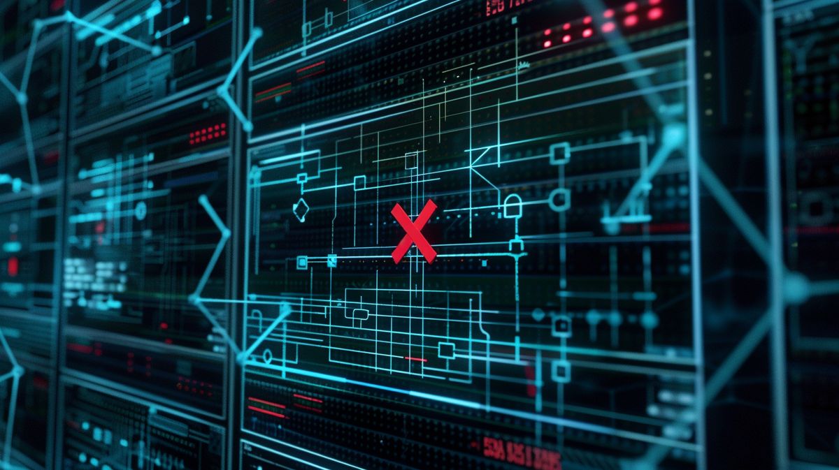 Diagrama de rede com tela de computador mostrando um servidor com um X vermelho indicando que o servidor DNS não está respondendo.