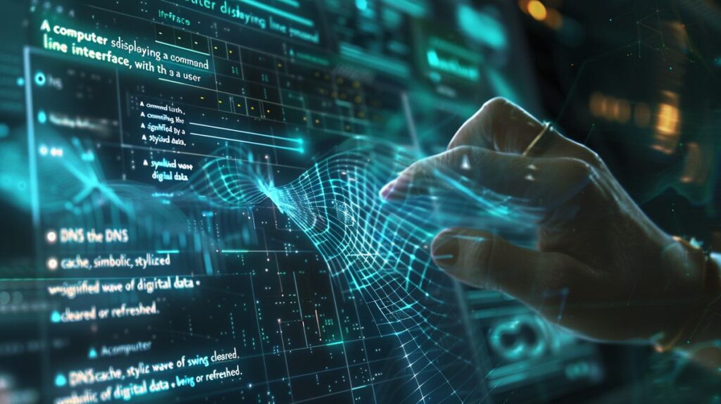 Tela de computador exibindo interface de linha de comando com usuário digitando comando para limpar cache DNS, simbolizado por onda estilizada de dados digitais sendo atualizados.