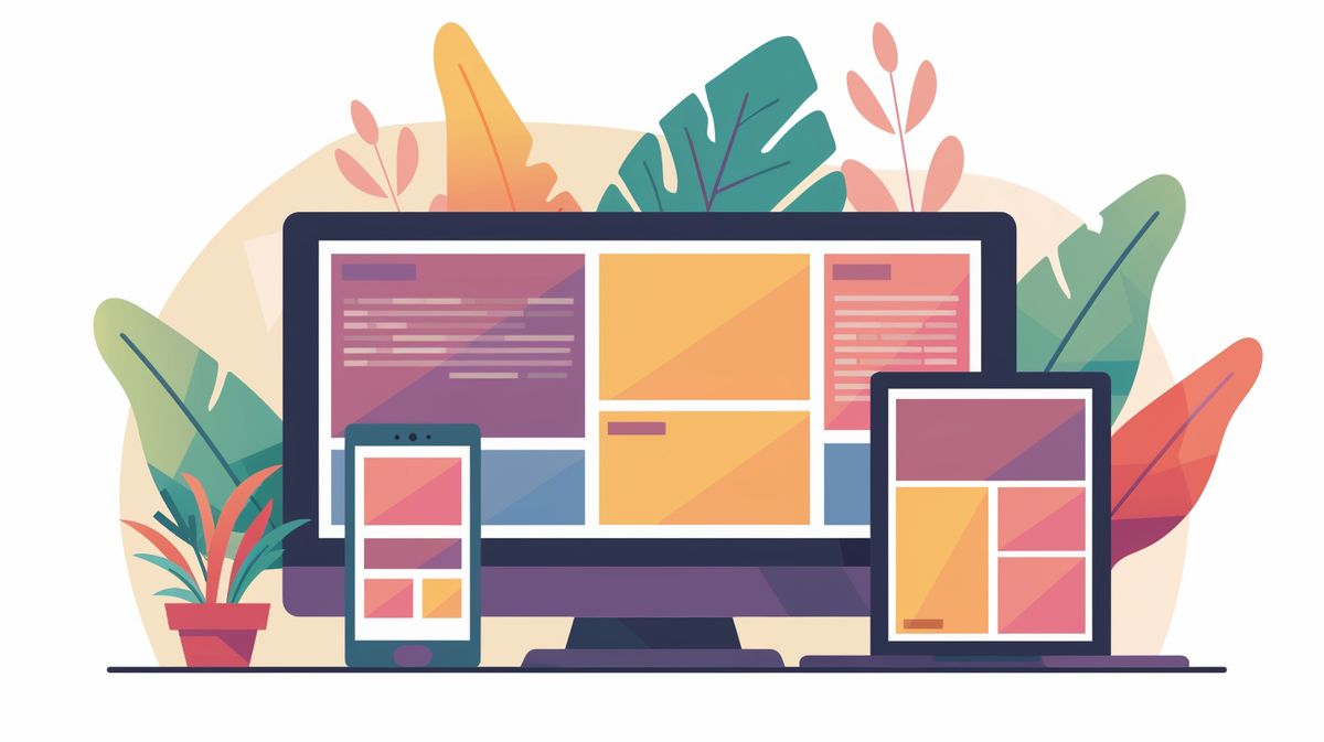 Tela de computador exibindo design de site responsivo com diferentes layouts para smartphone, tablet e desktop, simbolizando o conceito de responsividade CSS.