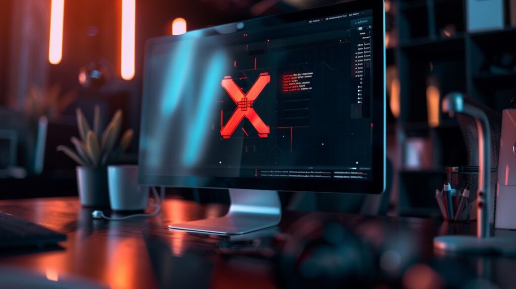 Tela de computador com navegador web exibindo um grande "X" vermelho no centro, indicando um erro.