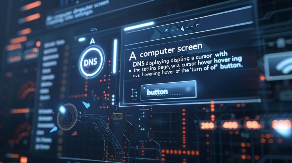 Tela de computador exibindo configurações de DNS com cursor sobre o botão 'desativar
