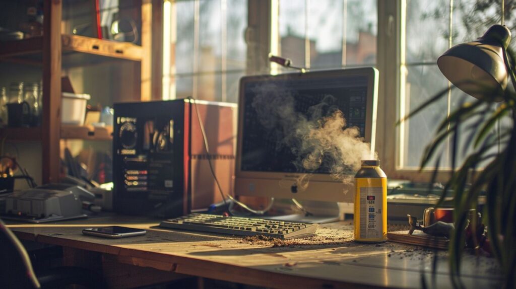 Computador de mesa empoeirado com lata de ar comprimido ao lado, mostrando como limpar PC lento.