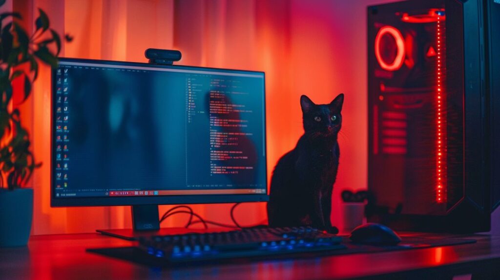 Computador desktop com sistema operacional Linux na tela e silhueta estilizada de gato simbolizando o comando 'cat