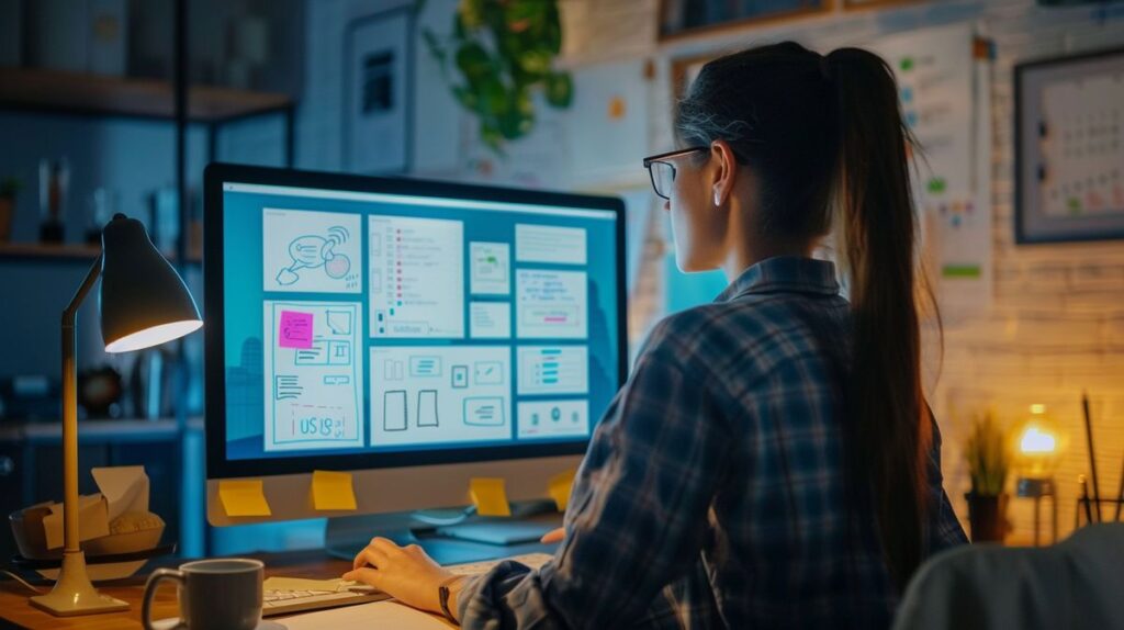 Designer digital trabalhando em wireframe no computador, com esboços e notas adesivas ao redor, simbolizando o processo de design UX.