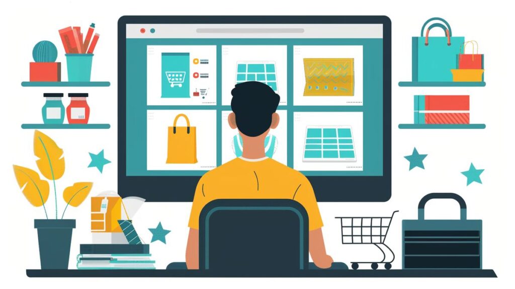 Pessoa sentada em frente a um computador, com a tela exibindo um site com imagens de produtos e ícone de carrinho de compras, exemplificando como criar um site de vendas.