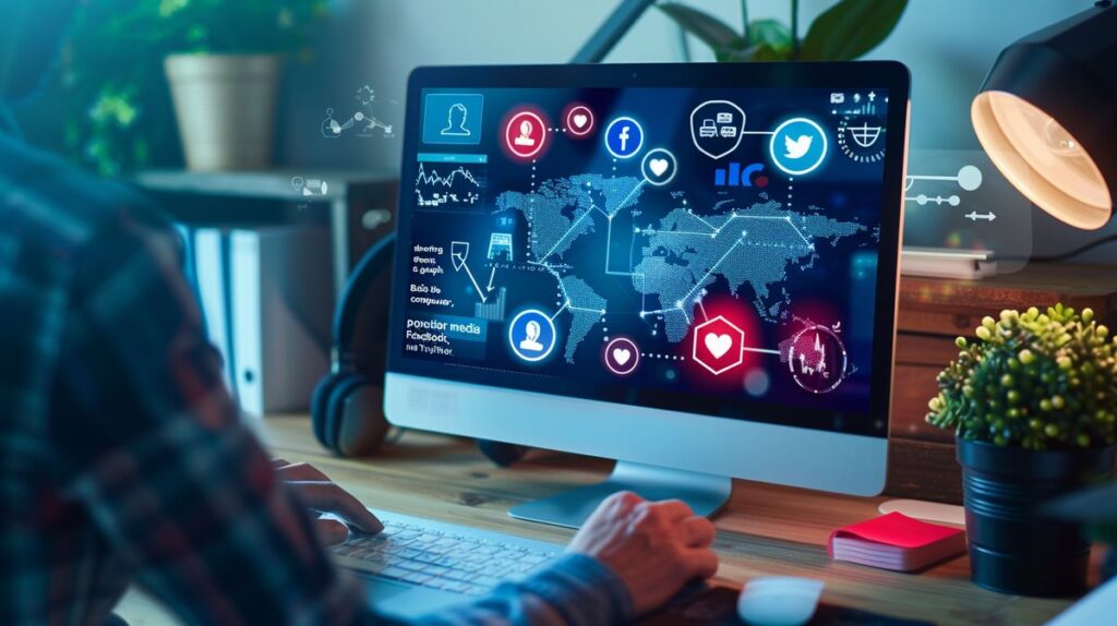 Pessoa sentada em uma mesa de computador, com a tela mostrando um gráfico de crescimento, ao lado de ícones populares de redes sociais como Facebook, Instagram e Twitter, ilustrando como divulgar link de afiliado.